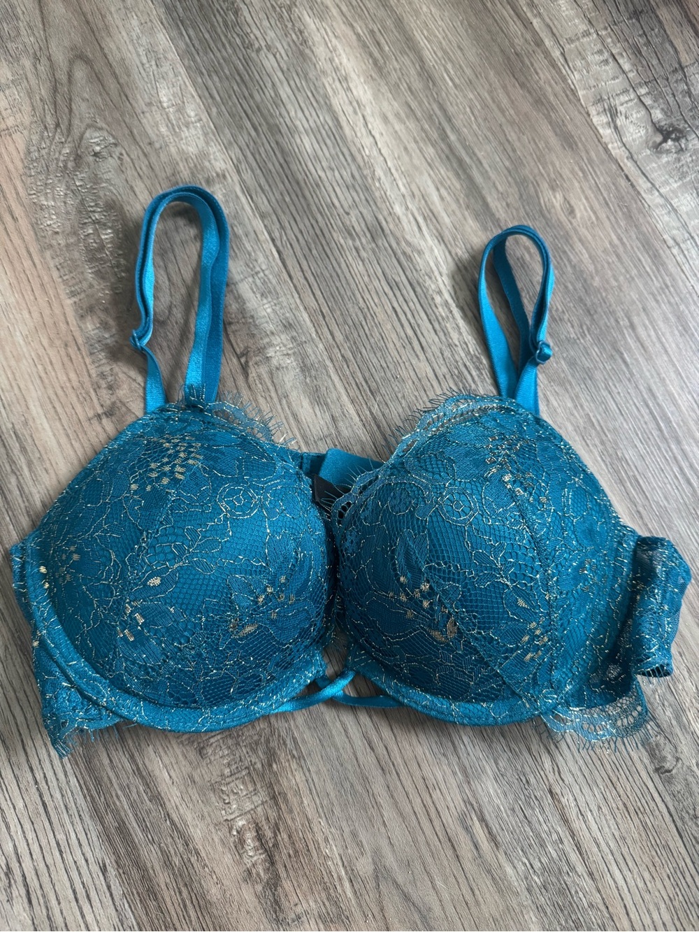 Victoria Secret Dream Angels Push Up Teal Lace Underwire Bra with Gold Accents